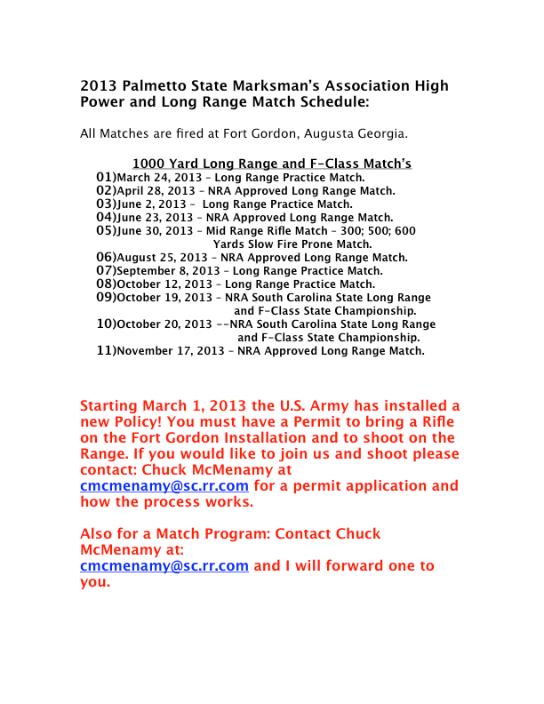 2013 Palmetto State Marksman’s Association High Power and Long Range Match Schedule pg2